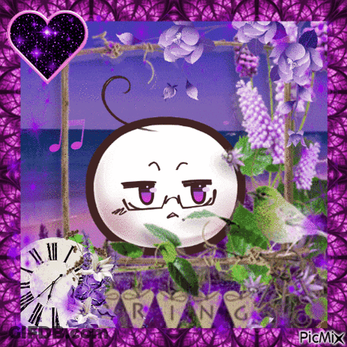 A Picture Of A Clock With Purple Flowers And The Word Spring On The Bottom GIF
