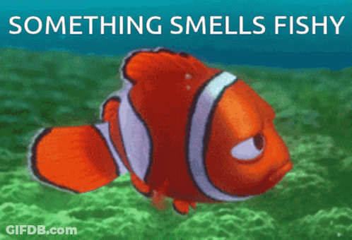 A Picture Of A Clown Fish With The Words Something Smells Fishy Below It GIF