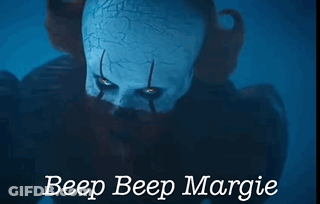A Picture Of A Clown With The Words Beep Beep Margie GIF