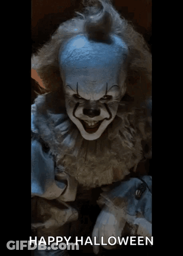 A Picture Of A Clown With The Words Happy Halloween Written On The Bottom GIF
