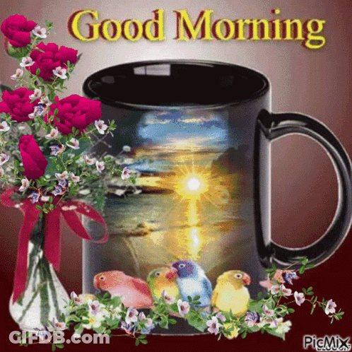 A Picture Of A Coffee Mug With Flowers And Birds And The Words Good Morning GIF