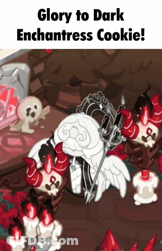 A Picture Of A Cookie That Says Glory To Dark Enchantress Cookie On The Bottom GIF