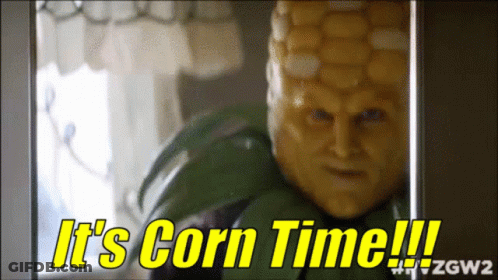 A Picture Of A Corn On The Cob With The Caption It 'S Corn Time GIF