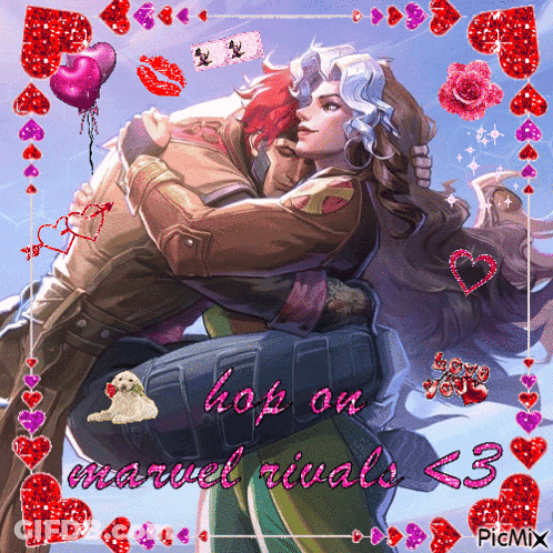 A Picture Of A Couple Hugging With The Words Hop On Marvel Rivals < 3 On The Bottom GIF