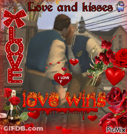 A Picture Of A Couple Kissing With The Words Love And Kisses GIF