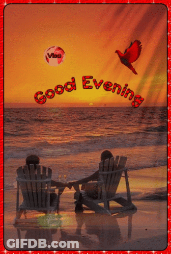 A Picture Of A Couple Sitting On The Beach With The Words Good Evening GIF
