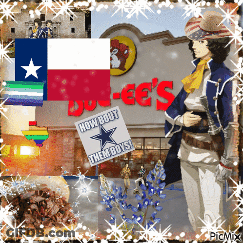 A Picture Of A Cowboy Holding A Gun With A Sign That Says How Bout Them Boys GIF