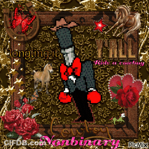 A Picture Of A Cowboy With The Words Jongling It Y'all Hide A Cowboy On It GIF