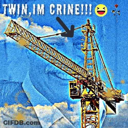 A Picture Of A Crane With The Words Twin Im Crine Written Above It GIF