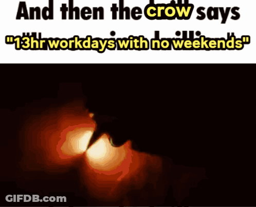 A Picture Of A Crow With The Words " And Then The Crow Says 13Hr Workdays With No Weekends " GIF