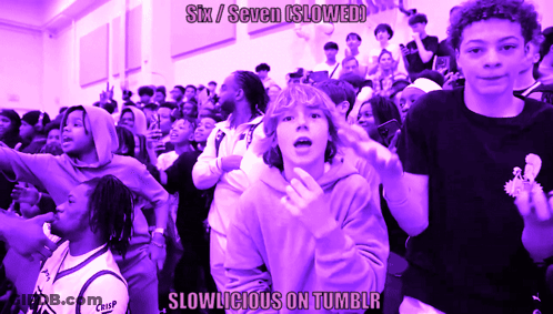 A Picture Of A Crowd Of People With The Caption Six / Seven Slowed GIF