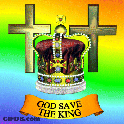 A Picture Of A Crown With The Words God Save The King Above It GIF