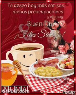 A Picture Of A Cup Of Coffee A Plate Of Food And A Jar Of Honey Says Alma GIF