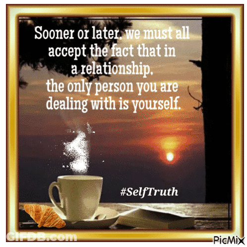 A Picture Of A Cup Of Coffee And A Croissant With A Quote From Selftruth GIF