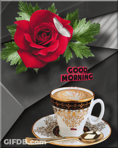 A Picture Of A Cup Of Coffee And A Rose With The Words Good Morning GIF
