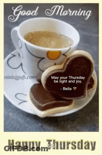 A Picture Of A Cup Of Coffee And Cookies That Says " Good Morning " GIF