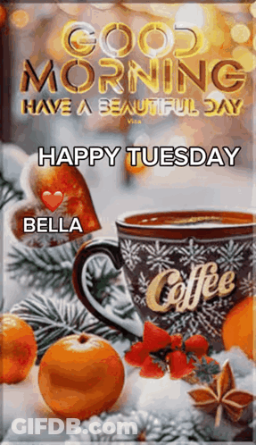 A Picture Of A Cup Of Coffee And Oranges With The Words `` Good Morning Have A Beautiful Day Happy Tuesday Bella '' . GIF