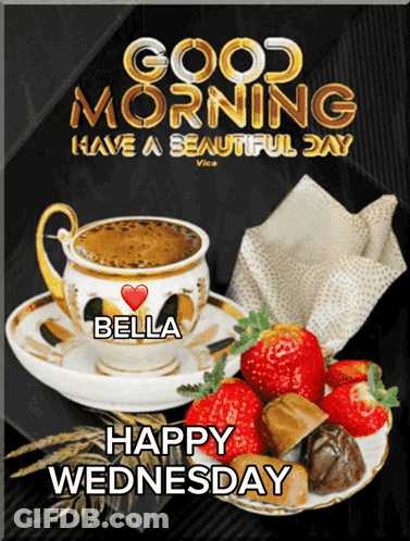 A Picture Of A Cup Of Coffee And Strawberries With The Words Good Morning Have A Beautiful Day GIF