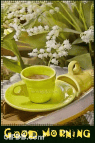 A Picture Of A Cup Of Coffee On A Saucer With The Words Good Morning GIF