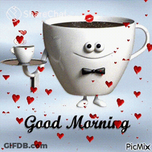 A Picture Of A Cup Of Coffee With A Face And Hearts Says Good Morning GIF