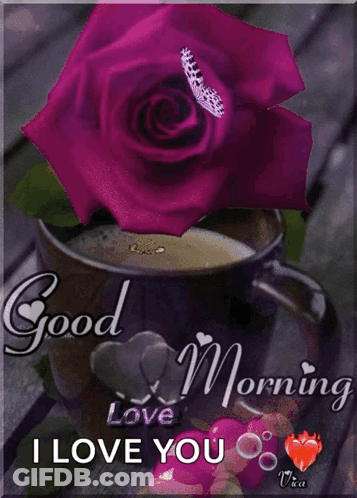 A Picture Of A Cup Of Coffee With A Purple Rose And A Butterfly On It GIF