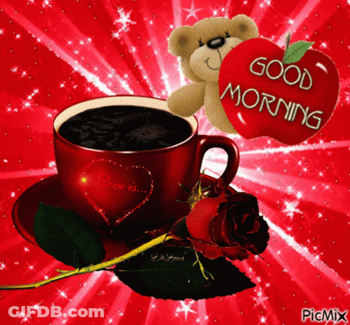 A Picture Of A Cup Of Coffee With A Teddy Bear And A Red Apple That Says Good Morning GIF
