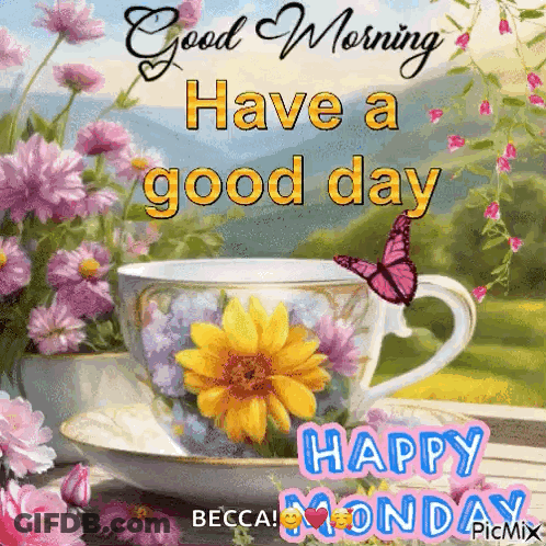 A Picture Of A Cup Of Coffee With Flowers And A Butterfly . GIF