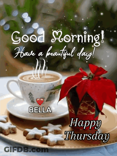 A Picture Of A Cup Of Coffee With The Name Bella GIF