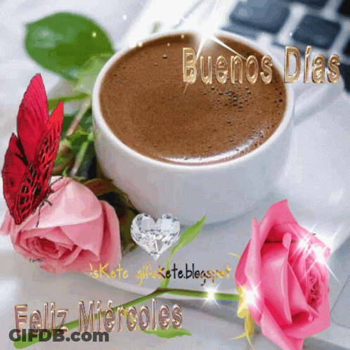 A Picture Of A Cup Of Coffee With The Words Buenos Dias GIF