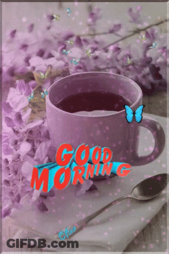 A Picture Of A Cup Of Coffee With The Words Good Morning On It GIF