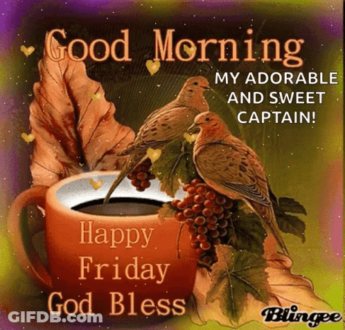 A Picture Of A Cup Of Coffee With Two Birds On It And The Words " Good Morning My Adorable And Sweet Captain Happy Frida GIF
