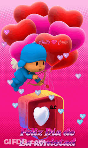 A Picture Of A Cupid With Hearts And The Words Feliz Dia De La Amistad On The Bottom GIF