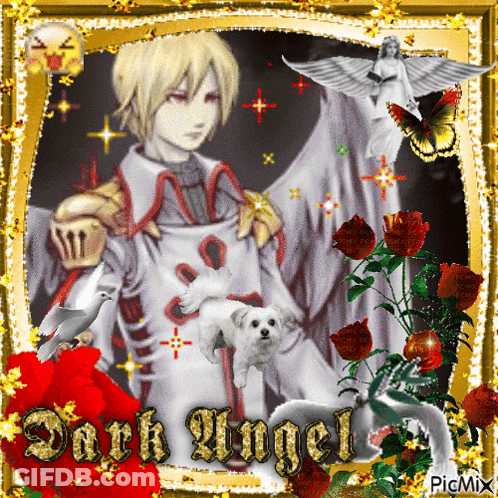 Dark Angel Surrounded By Roses And Birds GIF