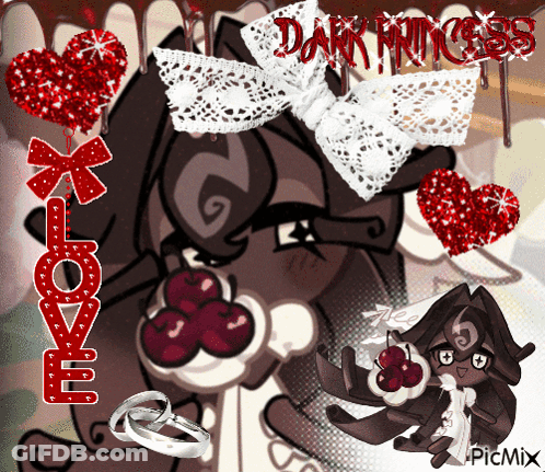 A Picture Of A Dark Princess Surrounded By Hearts And Love GIF