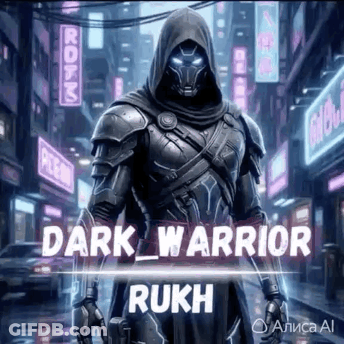 A Picture Of A Dark Warrior With The Name Rukh GIF