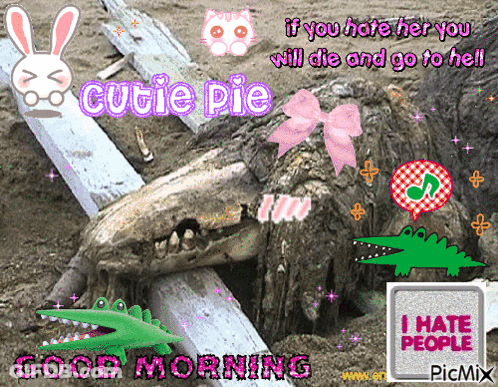 A Picture Of A Dead Crocodile With The Words " If You Hate Her You Will Die And Go To Hell " Below It GIF