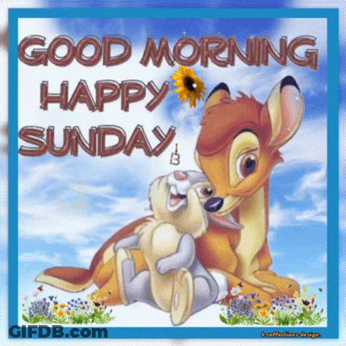 A Picture Of A Deer Hugging A Rabbit With The Words " Good Morning Happy Sunday " GIF