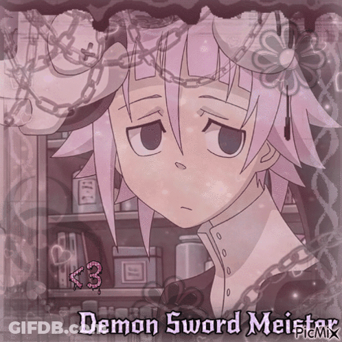 A Picture Of A Demon Sword Meister With Chains Around His Head GIF