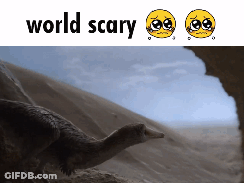 A Picture Of A Dinosaur And The Words " World Scary " GIF