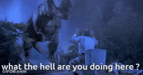 A Picture Of A Dinosaur With The Words What The Hell Are You Doing Here On It GIF