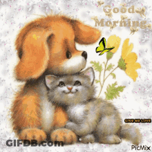 A Picture Of A Dog And A Kitten With The Words Good Morning Written On It GIF