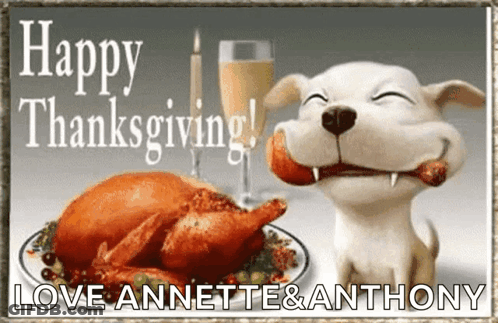 A Picture Of A Dog Eating A Turkey With The Words Happy Thanksgiving Love Annette And Anthony GIF