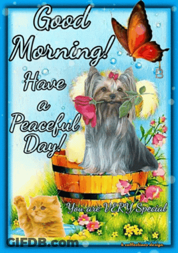 A Picture Of A Dog Holding A Rose With The Words Good Morning Have A Peaceful Day On It GIF