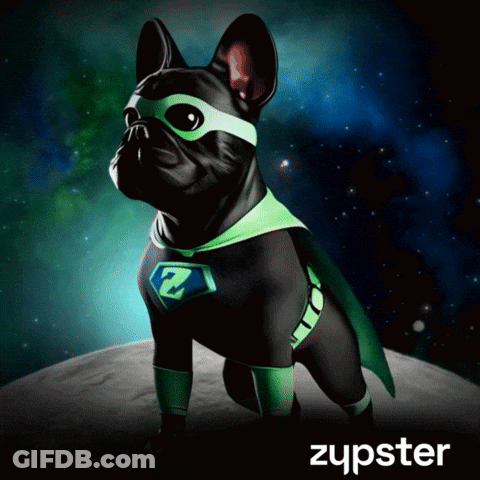 A Picture Of A Dog In A Superhero Costume With The Word Zupster Underneath It GIF