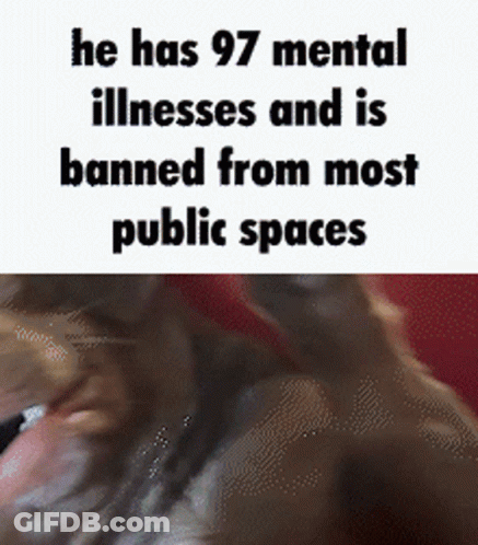 A Picture Of A Dog Next To A Text That Says He Has 97 Mental Illnesses And Is Banned From Most Public Spaces GIF