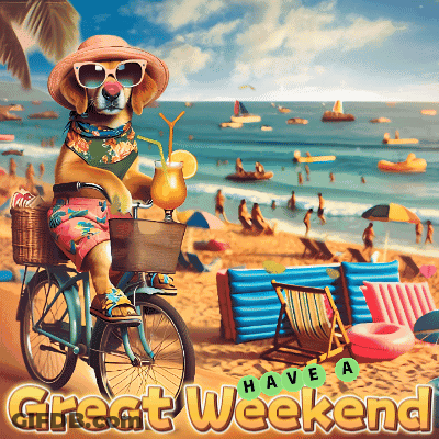 A Picture Of A Dog Riding A Bike On The Beach With The Words Have A Great Weekend GIF