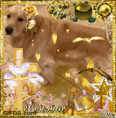 A Picture Of A Dog Surrounded By Flowers And Crosses With A Picmix Watermark On The Bottom GIF