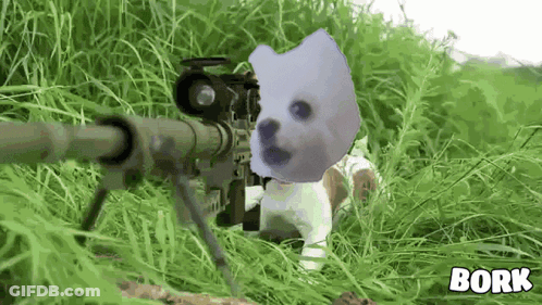 A Picture Of A Dog With A Sniper Rifle With The Word Bork On The Bottom Right GIF