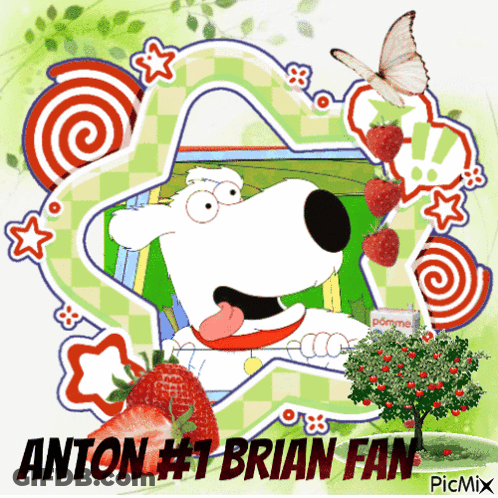 A Picture Of A Dog With The Words Anton # 1 Brian Fan On It GIF