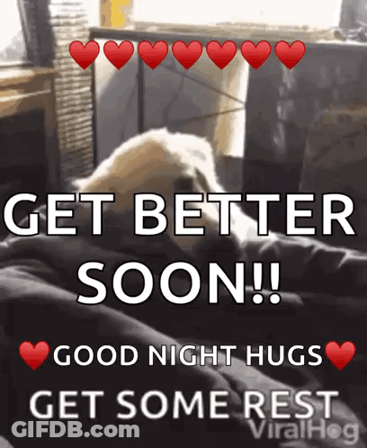 A Picture Of A Dog With The Words Get Better Soon Written On It GIF